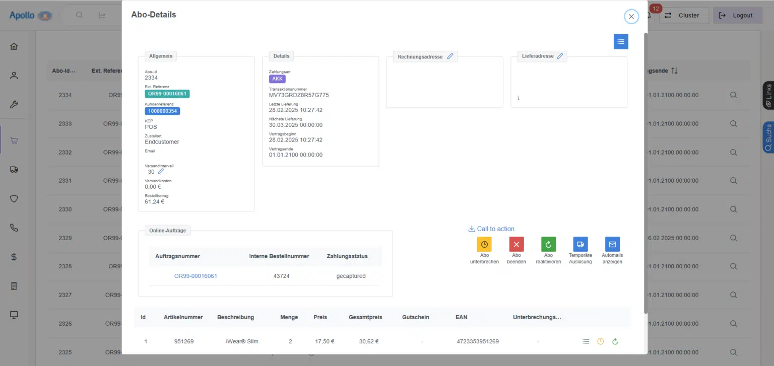ACL insight_Abo Modul Screenshot: ACL Insight Abo-Modul – Abonnementstatistiken und Kundenübersicht