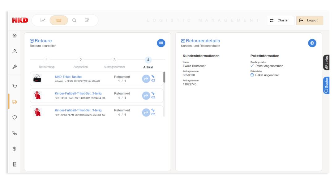 Retourenmaske im Logistik Modul von ACL insight bei NKD