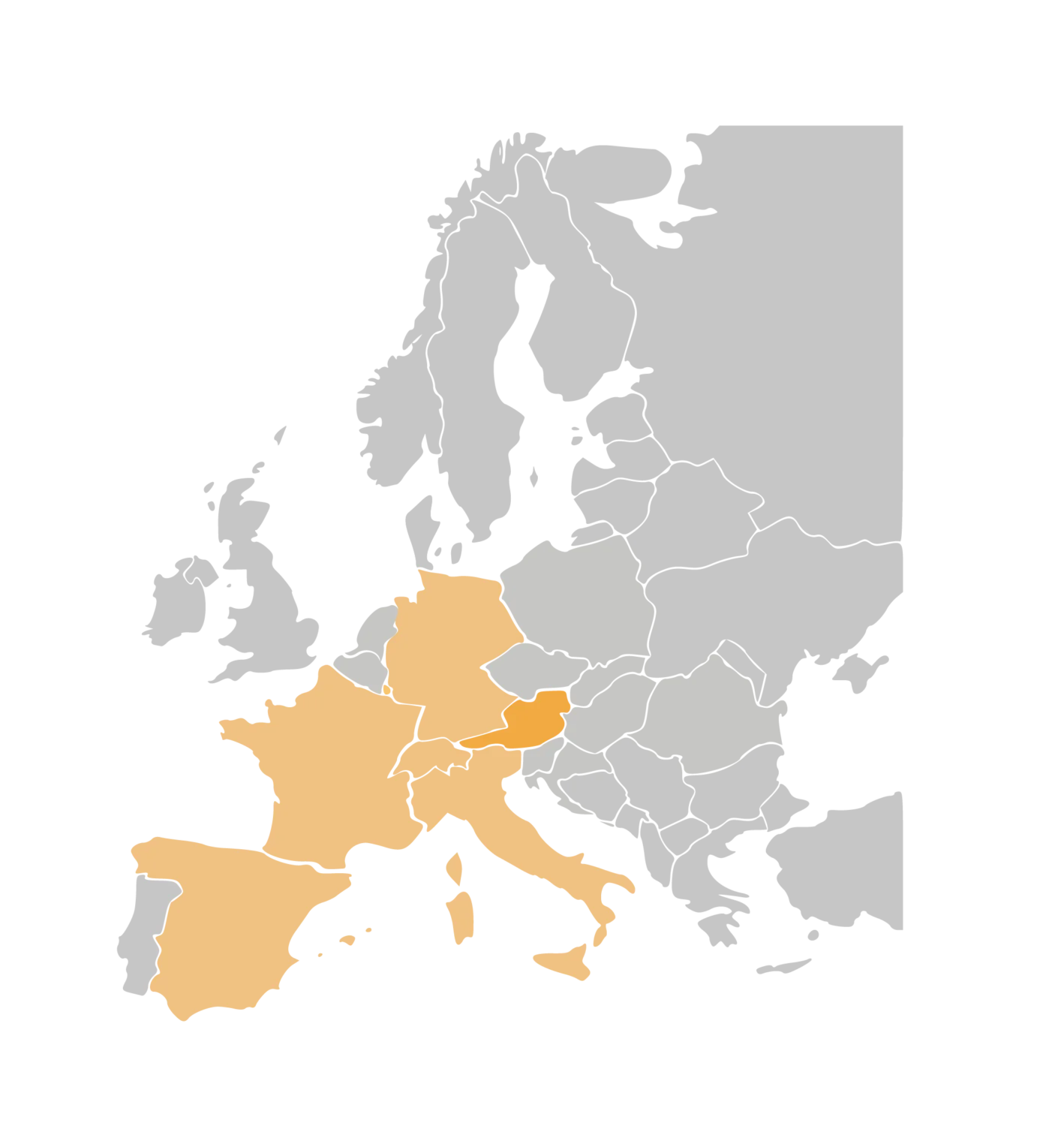Europakarte der K&Ö Internationalisierung - Länderkürzel: AT, DE, CH, FR, ES, IT