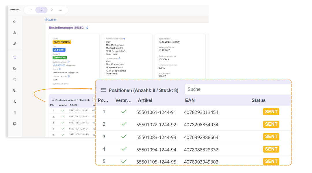 More&More Ordermanagement Ausschnitt aus dem MORE & MORE Ordermanagement