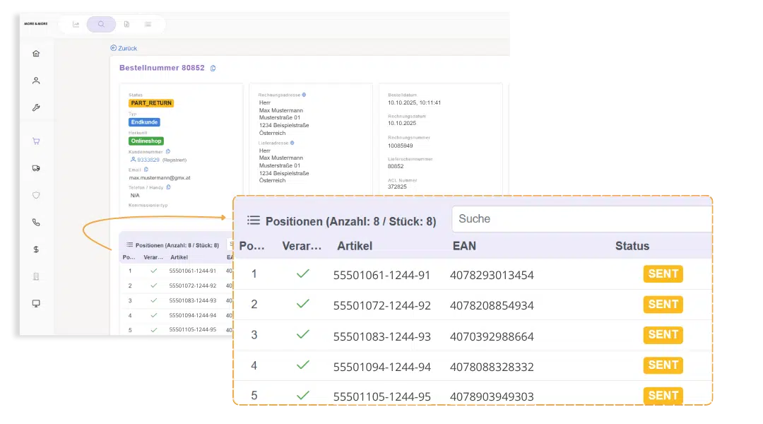More&More Ordermanagement Ausschnitt aus dem MORE & MORE Ordermanagement